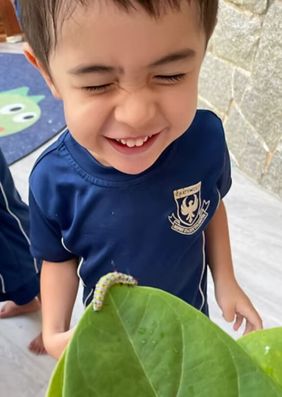 Chatsworth preschool home boy smiling at caterpillar